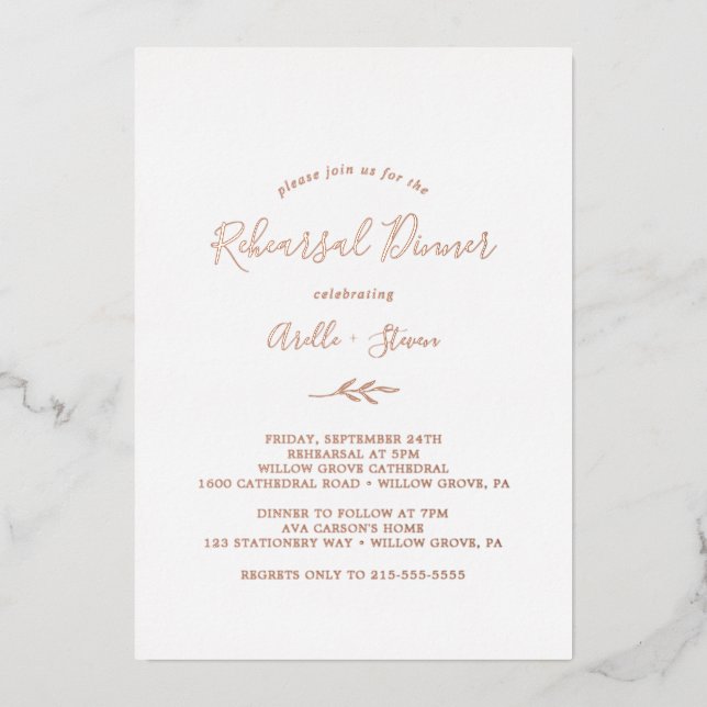Minimal Leaf | Rose Gold Foil Rehearsal Dinner Invitation (Front)