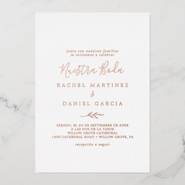 Minimal Leaf | Rose Gold Foil Spanish Nuestra Boda Foil Invitation (Front)