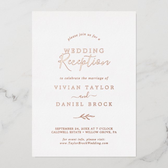 Minimal Leaf | Rose Gold Foil Wedding Reception Invitation (Front)
