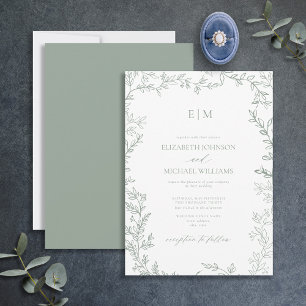 Minimal Leaf Sage Green Elegant Monogram Wedding Invitation