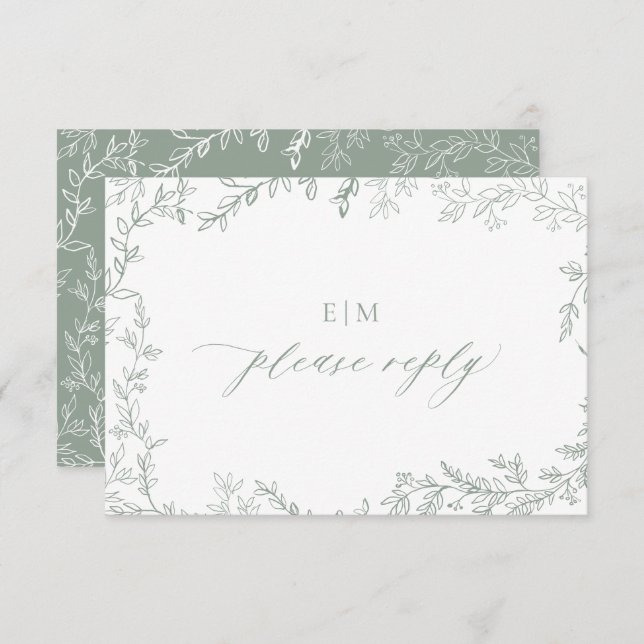 Minimal Leaf Sage Green Elegant Monogram Wedding  RSVP Card (Front/Back)
