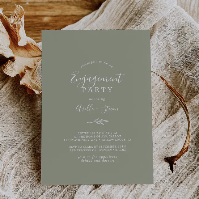 Minimal Leaf | Sage Green Engagement Party Invitation | Zazzle