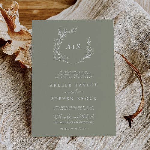 Minimal Leaf  Sage Green Formal Monogram Wedding Invitation