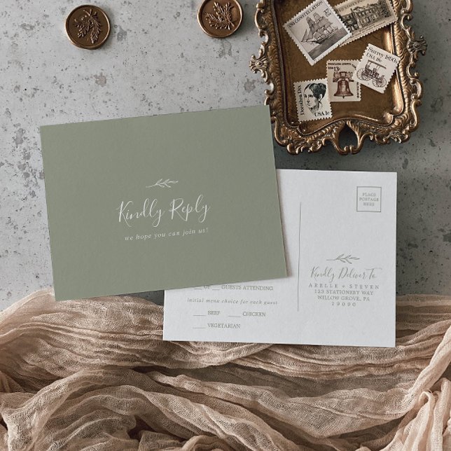 Minimal Leaf Sage Green Menu Choice RSVP Postcard (Creator Uploaded)