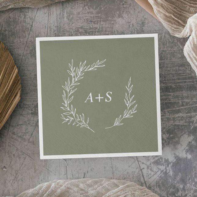 Minimal Leaf | Sage Green Monogram Wedding Napkins (Creator Uploaded)