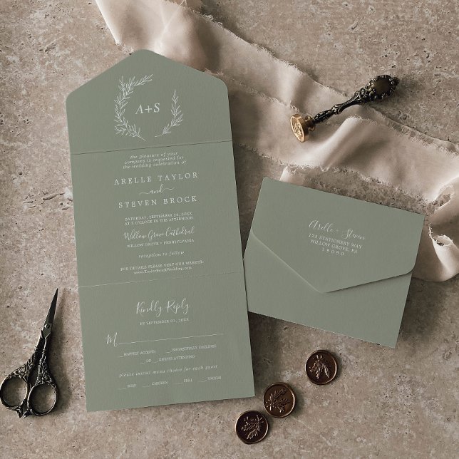Minimal Leaf | Sage Green Wedding All In One Invitation (Creator Uploaded)