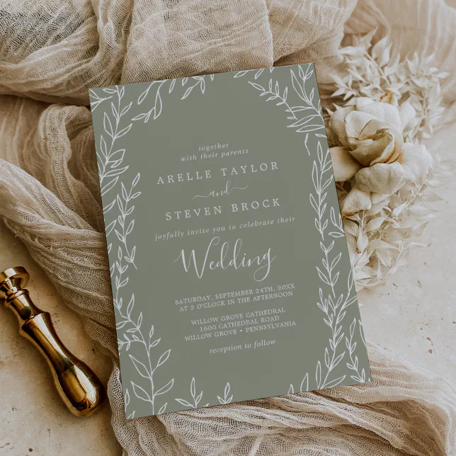 Minimal Leaf | Sage Green Wedding Invitation | Zazzle