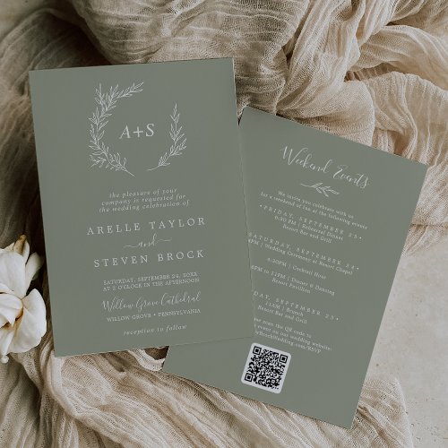 Minimal Leaf  Sage Green Weekend Events Wedding Invitation
