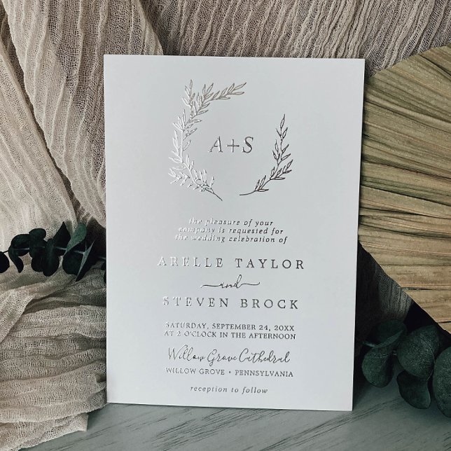 Minimal Leaf | Silver Foil Formal Monogram Wedding Invitation (Creator Uploaded)