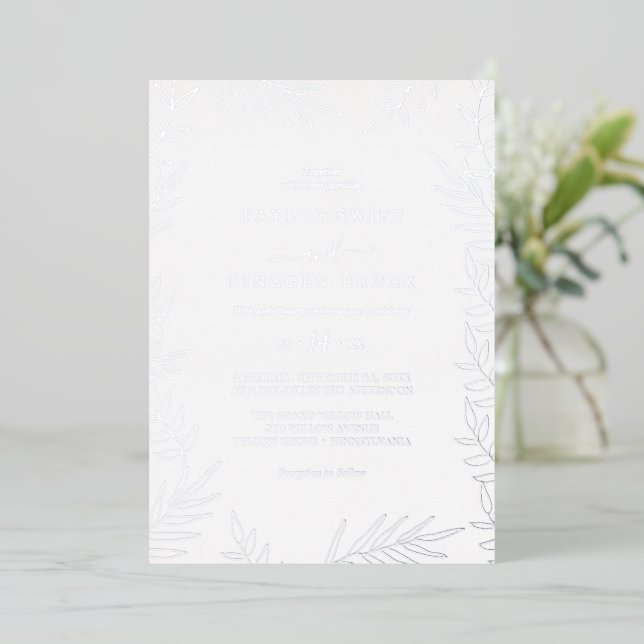 Minimal Leaf | Silver Foil Frame Wedding  Foil Invitation (Standing Front)