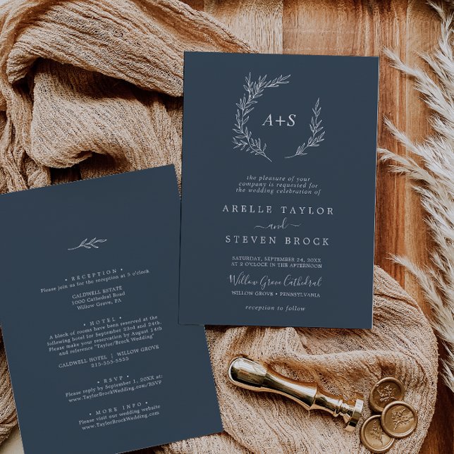 Minimal Leaf | Slate Blue All In One Wedding Invitation (Creator Uploaded)