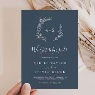 Minimal Leaf Slate Blue Elopement Announcement