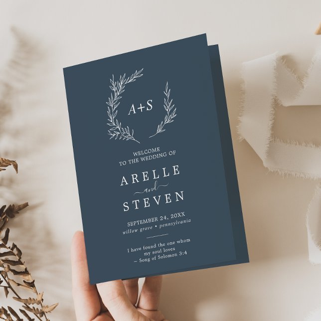Minimal Leaf | Slate Blue Folded Wedding Program (Creator Uploaded)