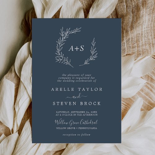 Minimal Leaf  Slate Blue Formal Monogram Wedding Invitation