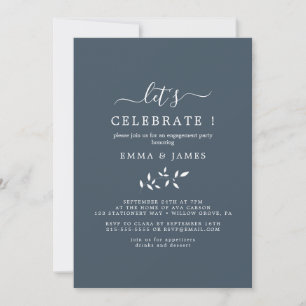 Minimal Leaf   Slate Blue "Let's Celebrate"  Invitation