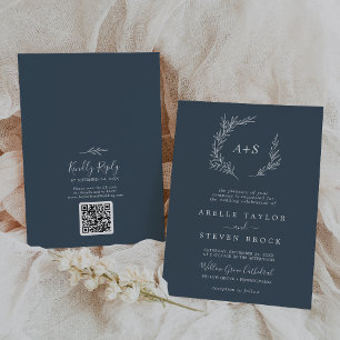 Minimal Leaf Slate Blue Monogram QR Code Wedding Invitation