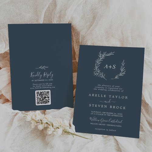 Minimal Leaf  Slate Blue Monogram QR Code Wedding Invitation