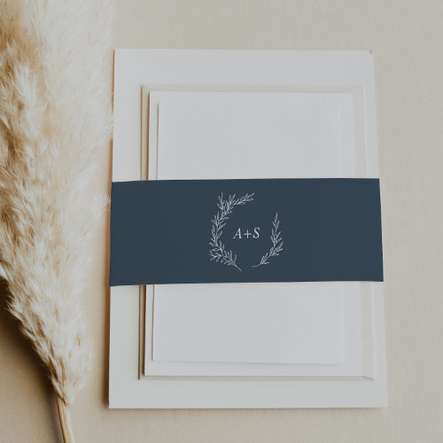 Minimal Leaf | Slate Blue Monogram Wedding Invitation Belly Band