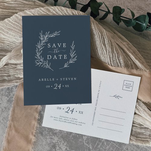 Minimal Leaf  Slate Blue Save the Date Invitation Postcard