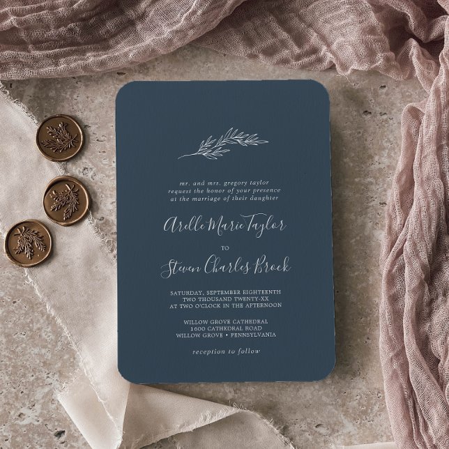 Minimal Leaf | Slate Blue Traditional Wedding Invitation (Creator Uploaded)