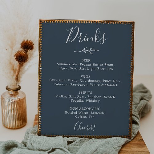 Minimal Leaf  Slate Blue Wedding Drinks Menu Poster