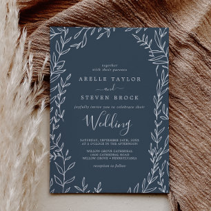 Minimal Leaf Slate Blue Wedding Invitation