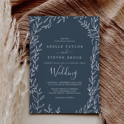 Minimal Leaf  Slate Blue Wedding Invitation