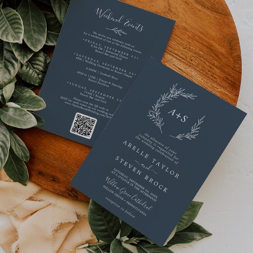 Minimal Leaf  Slate Blue Weekend Events Wedding Invitation