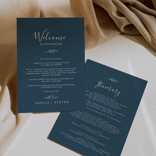 Minimal Leaf Slate Blue Welcome Letter  Itinerary