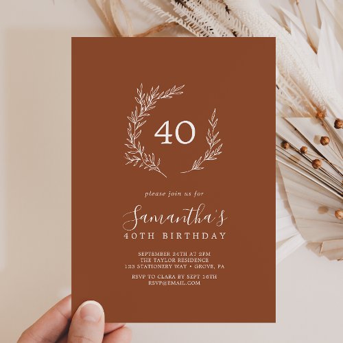 Minimal Leaf  Terracotta 40th Birthday Invitation