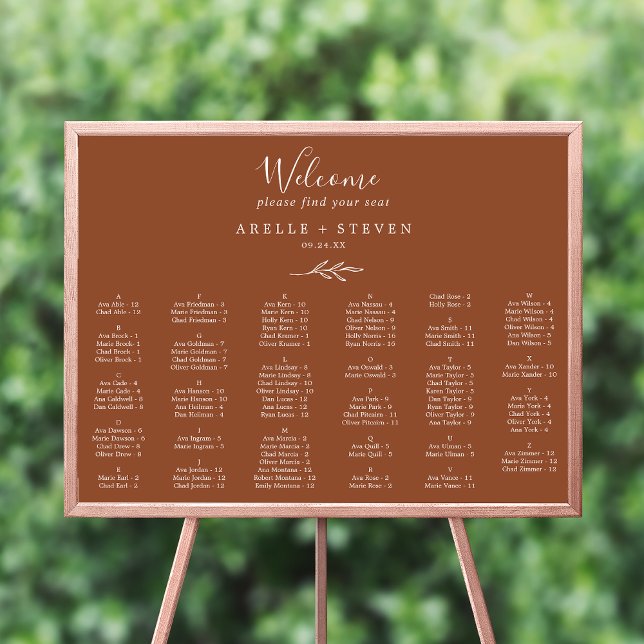 Minimal Leaf Terracotta Alphabetical Seating Chart (Creator Uploaded)