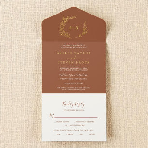 Minimal Leaf Terracotta and Gold Foil Boho Wedding All In One Invitation