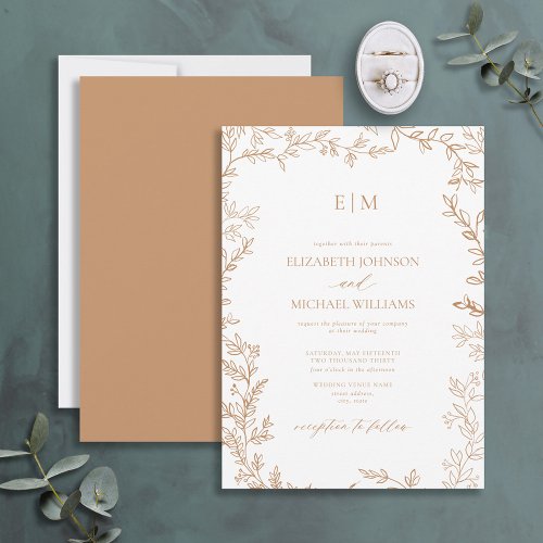 Minimal Leaf Terracotta Elegant Monogram Wedding Invitation