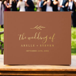 Minimal Leaf Terracotta Gold Foil Monogram Wedding Guest Book