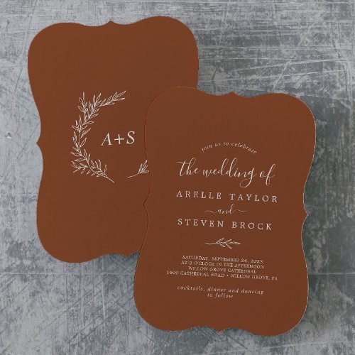 Minimal Leaf  Terracotta Monogram Back Wedding Invitation