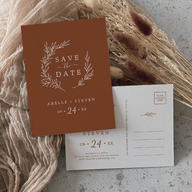 Minimal Leaf | Terracotta Save the Date Invitation Postcard (Creator Uploaded)