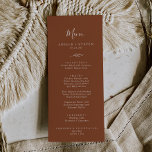 Minimal Leaf | Terracotta Wedding Dinner Menu<br><div class="desc">This minimal leaf terracotta wedding dinner menu card is perfect for a boho wedding. The design features a simple greenery leaf silhouette in earthy burnt orange with minimalist desert bohemian style. This menu can be used for a wedding reception,  rehearsal dinner,  or any event.</div>