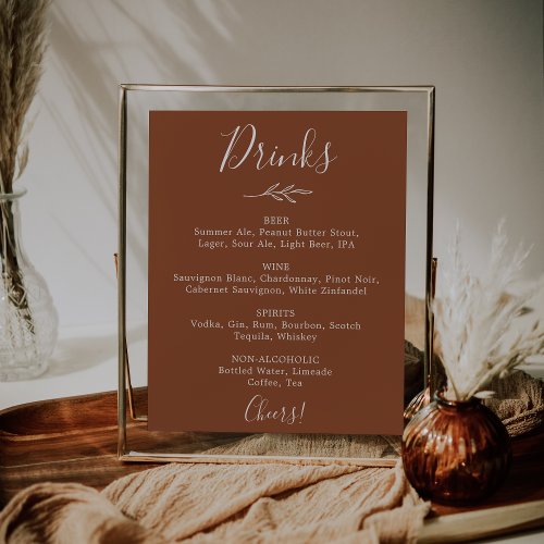 Minimal Leaf  Terracotta Wedding Drinks Menu Poster