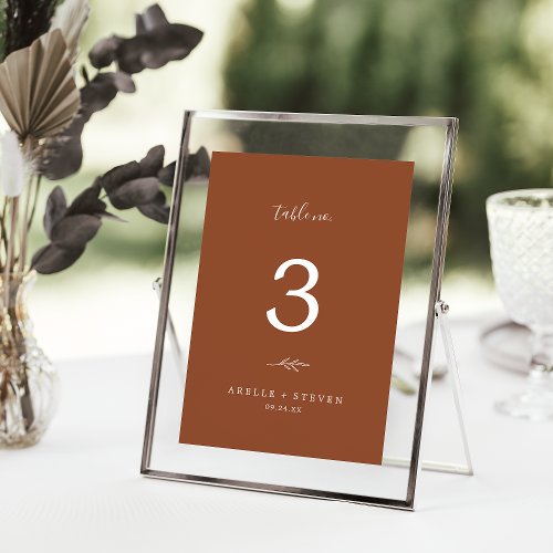 Minimal Leaf  Terracotta Wedding Table Number