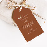 Minimal Leaf Terracotta Wedding Welcome Gift Tags<br><div class="desc">These minimal leaf terracotta wedding welcome gift tags are perfect for a boho wedding. The design features a simple greenery leaf silhouette in earthy burnt orange with minimalist desert bohemian style. Personalize the tags with the location of your wedding, a short welcome note, your names, and wedding date. These tags...</div>