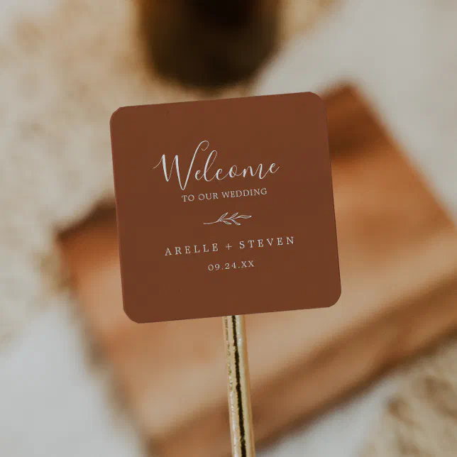 Minimal Leaf | Terracotta Wedding Welcome Square Sticker | Zazzle