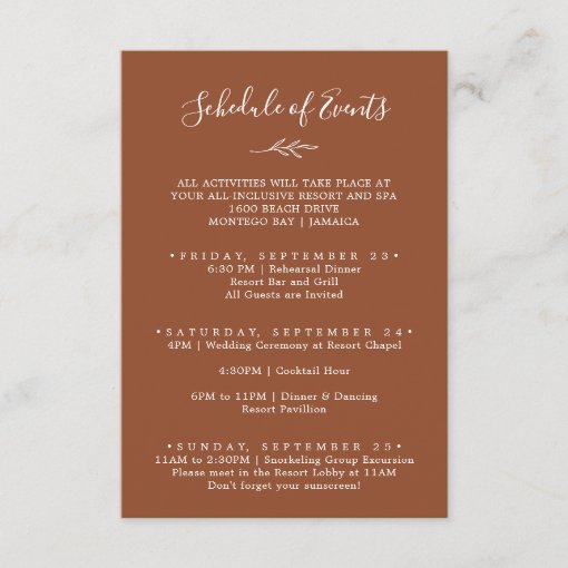 Minimal Leaf Terracotta Weekend Schedule of Events Enclosure Card Zazzle