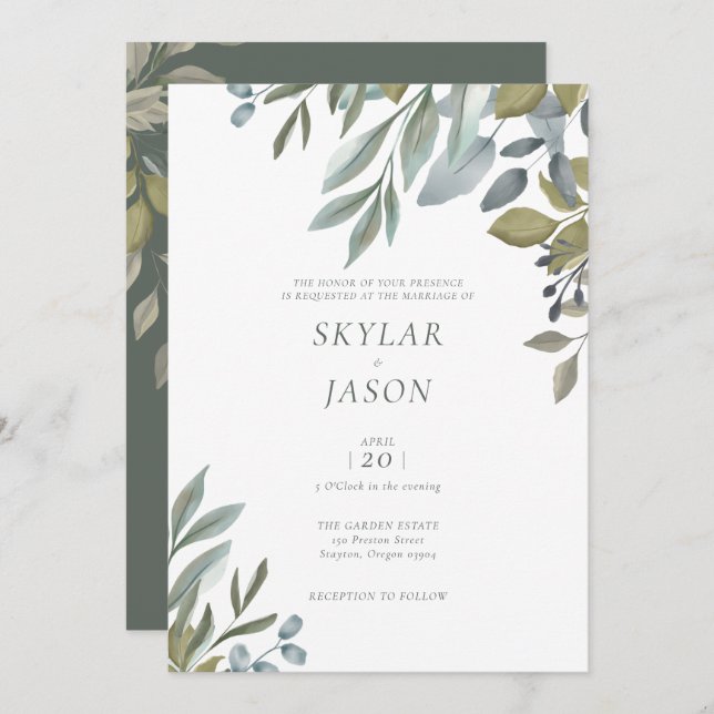 Minimal Leaf Watercolor Sage Greenery Wedding Invitation (Front/Back)