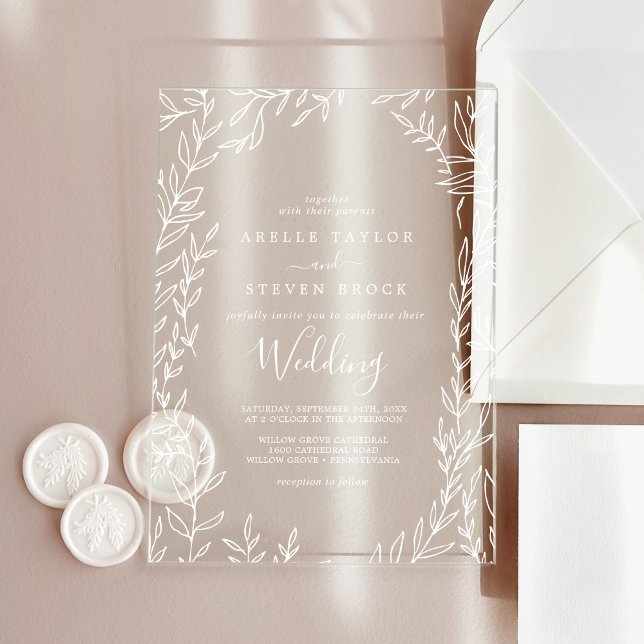 Minimal Leaf White Greenery Elegant Boho Wedding Acrylic Invitations (Minimal Leaf White Greenery Elegant Boho Wedding Acrylic Invitations)