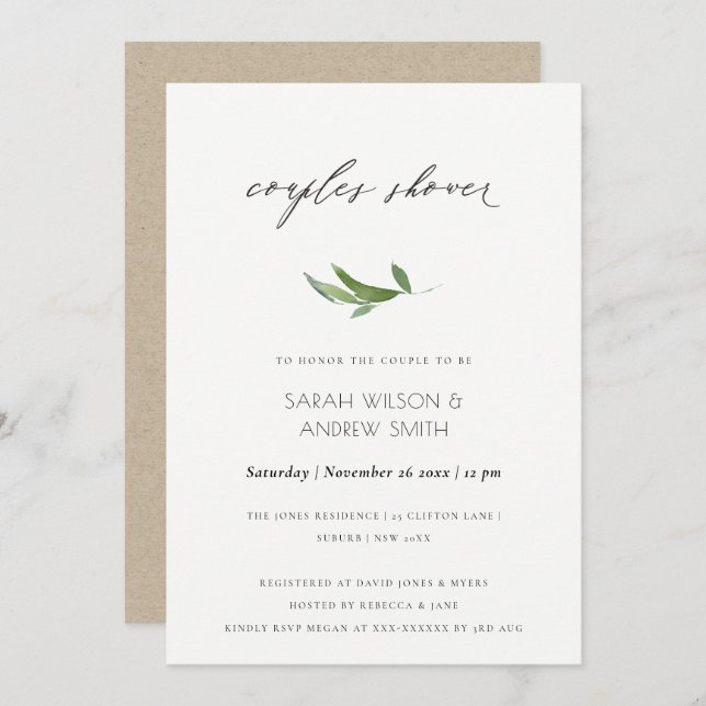 Minimal Leafy Foliage Watercolor Couples Shower Invitation (Front/Back)