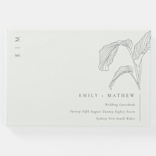 Minimal Leafy Palm Sketch Black White Wedding Guest Book