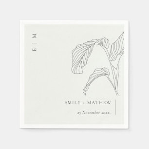 Minimal Leafy Palm Sketch Black White Wedding Napkins