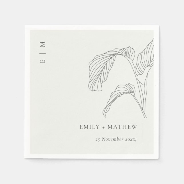 Minimal Leafy Palm Sketch Black White Wedding Napkins (Front)