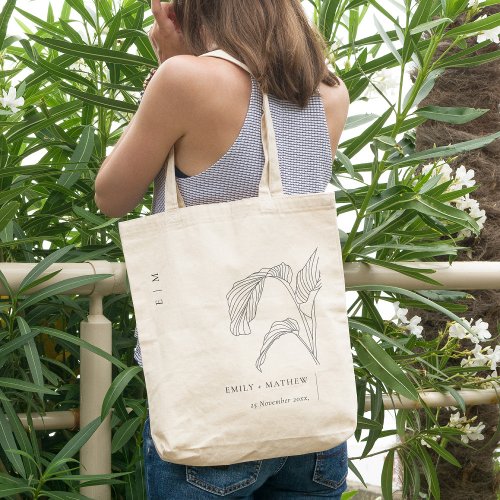 Minimal Leafy Palm Sketch Black White Wedding Tote Bag