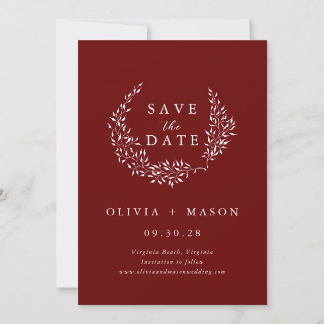 Minimal Leafy Wreath Burgundy Save the Date  (Front)